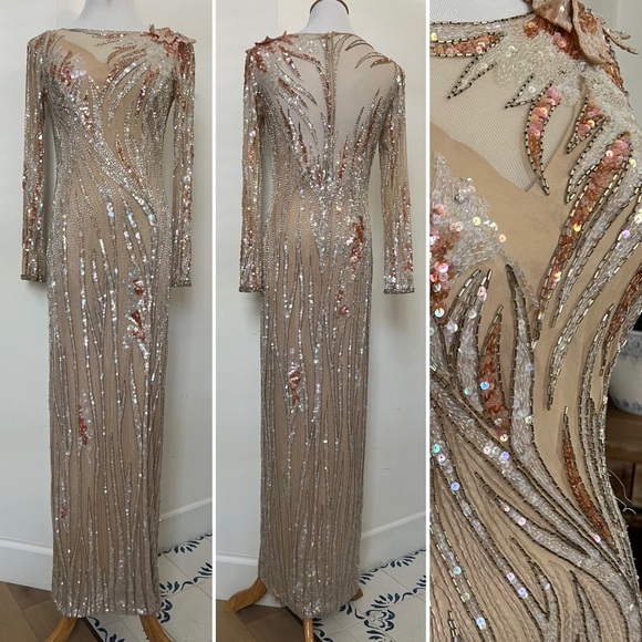 1990 Bob Mackie Boutique nude, silver beads & shiny sequin gown dress - Picture 2 of 16